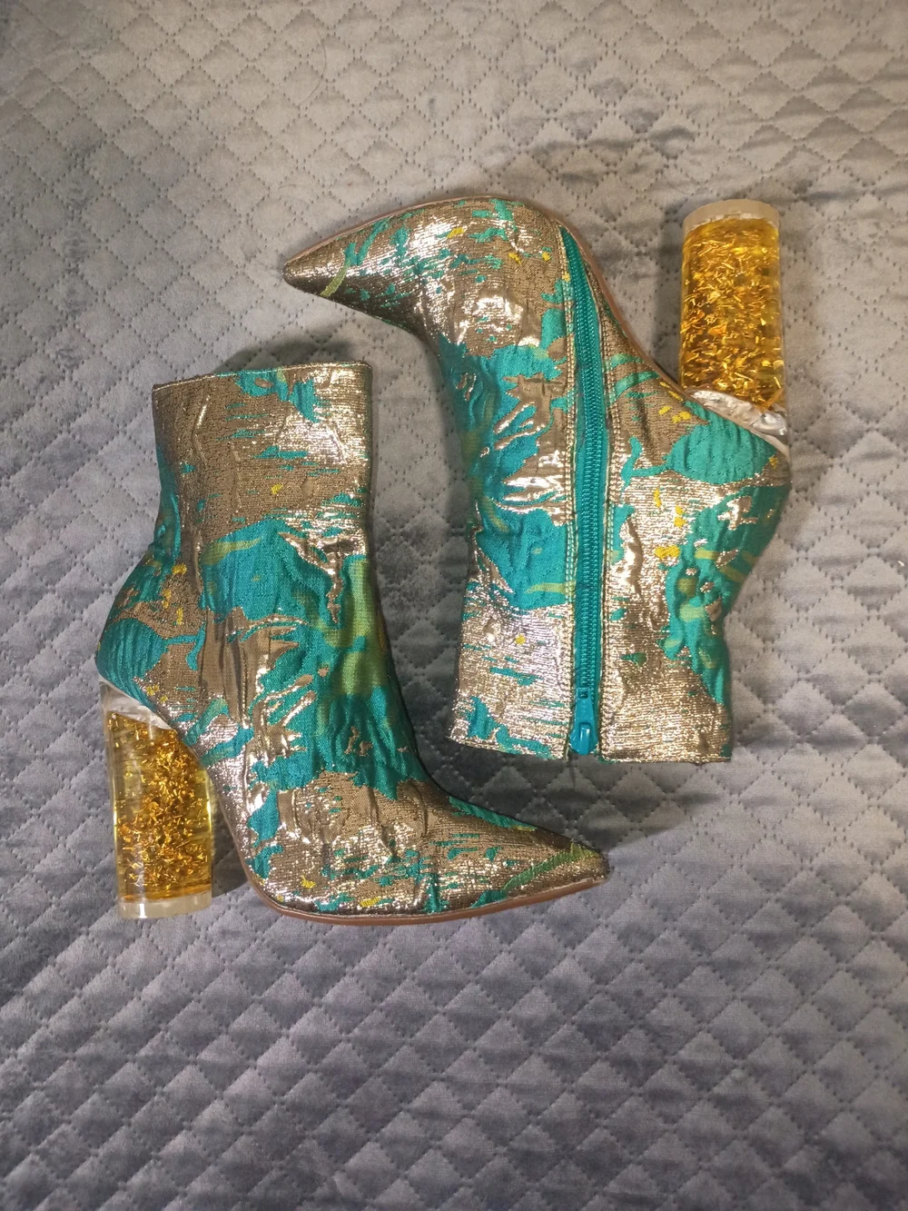RAYE Teal and Gold Metallic Sculpted Block-Heel Ankle Boots